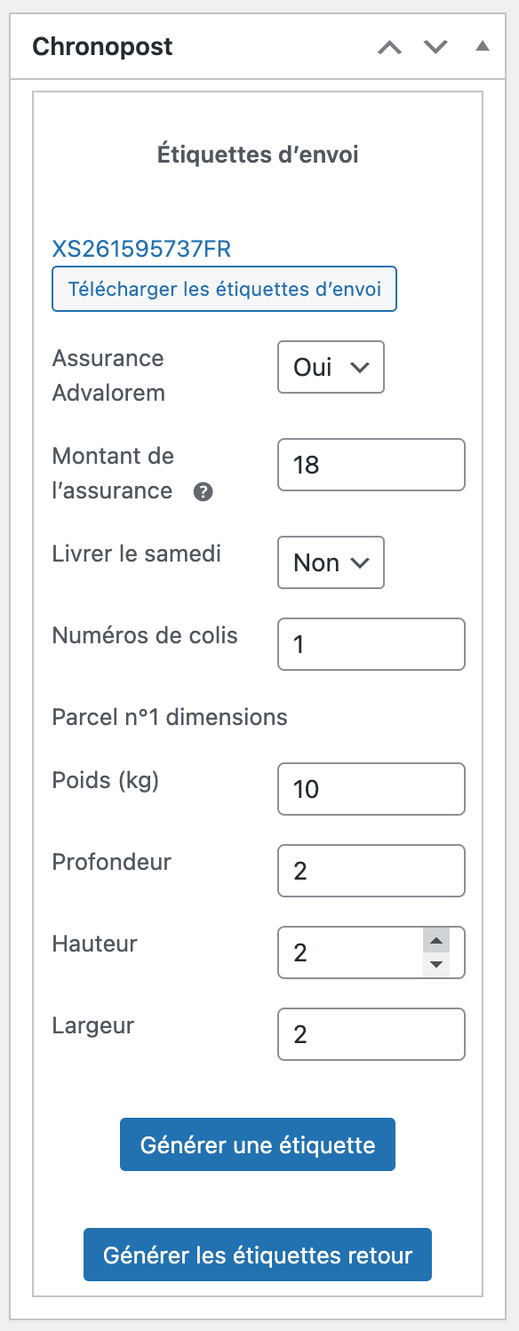 Bouton de génération d’étiquette Chronopost