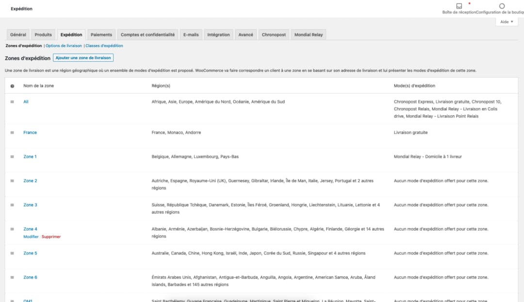 Configuration des zones d'expédition Mondial Relay dans WooCommerce