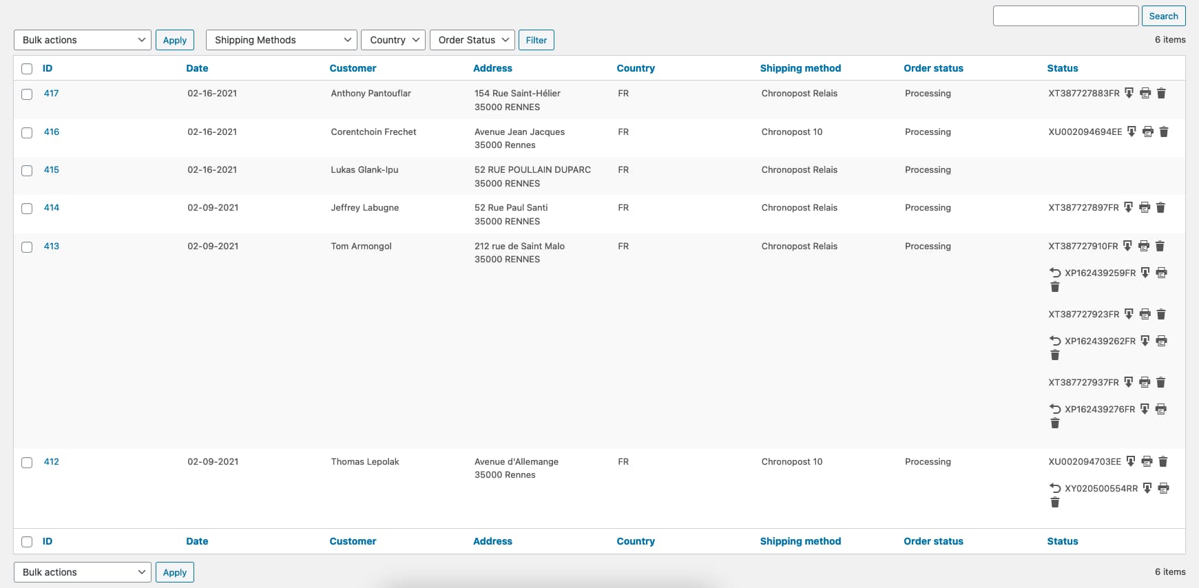 Liste des commandes Chronopost avec leurs numéros de suivi dans WooCommerce