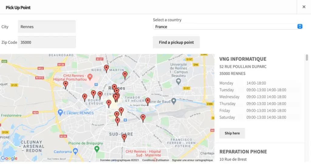 Carte des points relais Mondial Relay dans le checkout WooCommerce